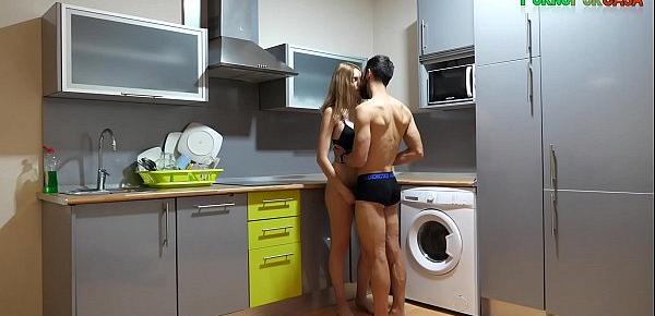  He approaches as she washes the dishes to catch her off guard